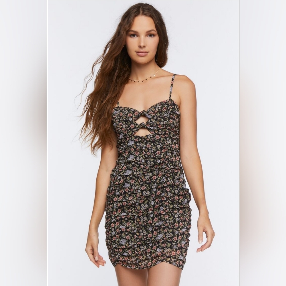 Forever 21 Black Floral Mini Dress with Pink and Green Accents